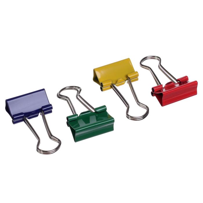 фото Зажимы для бумаг 19 мм, 12 штук, devente, металлические, микс х 4 цвета, картонная коробка