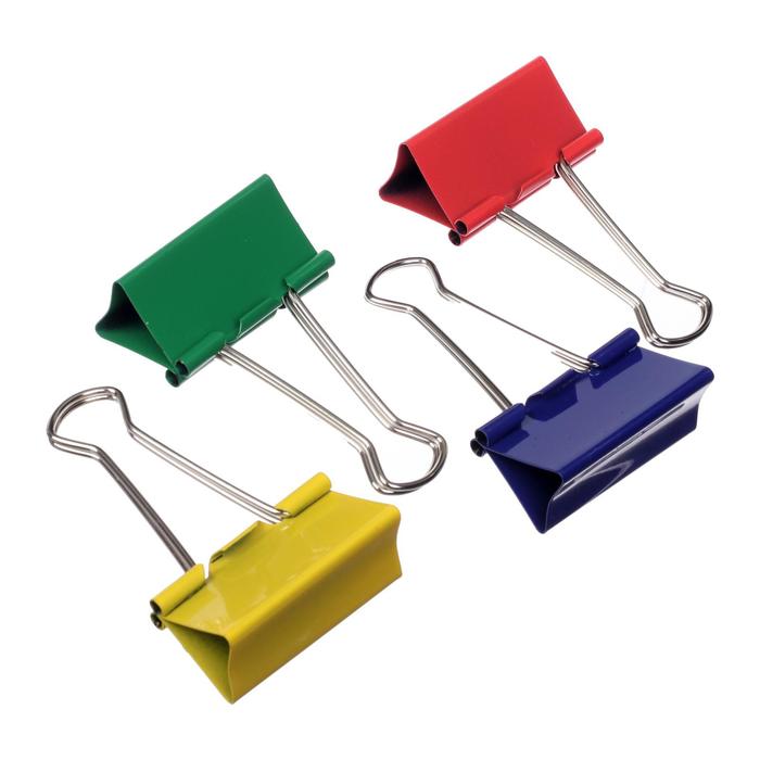 фото Зажимы для бумаг 51 мм, 12 штук, devente, металлические, микс х 4 цвета, картонная коробка