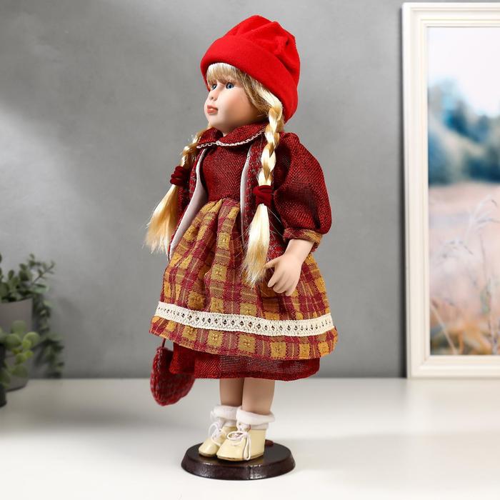 фото Кукла коллекционная керамика "марина в бордовом платье в клетку" 40 см