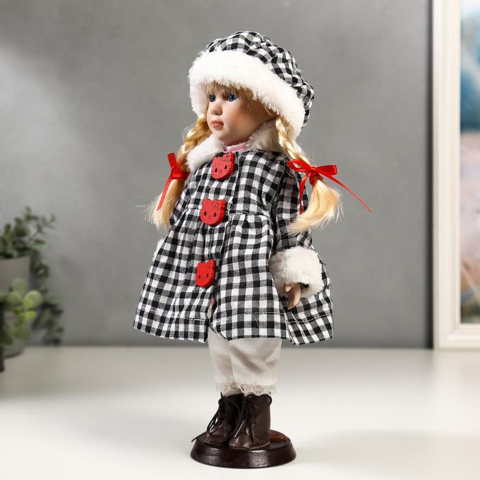 фото Кукла коллекционная керамика "злата в пальто в клеточку с красными пуговицами" 30 см