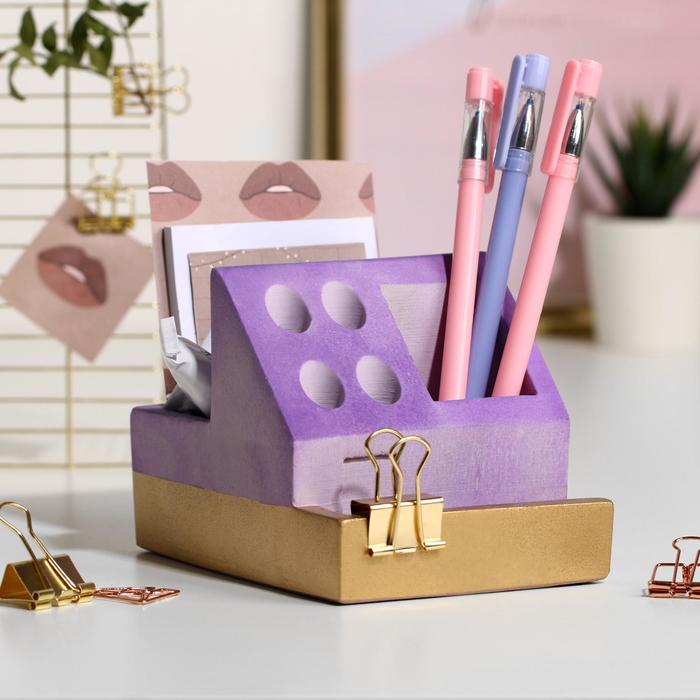 фото Органайзер для канцтоваров (ручная работа) «фиолетовый с золотом», бетон, 13,6 х 9,8 х 9,6 см