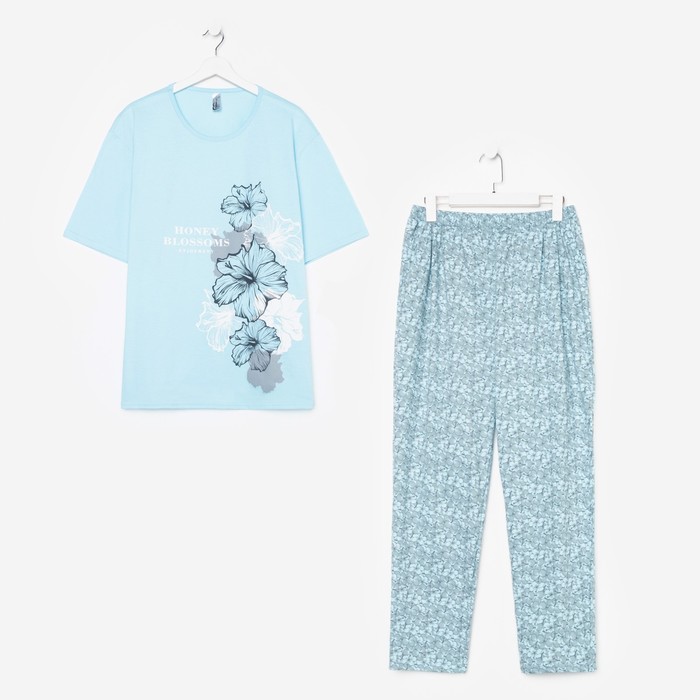 Пижама женская (футболка, брюки), цвет голубой, размер 58
Пижама женская (футболка, брюки), цвет голубой, размер 58