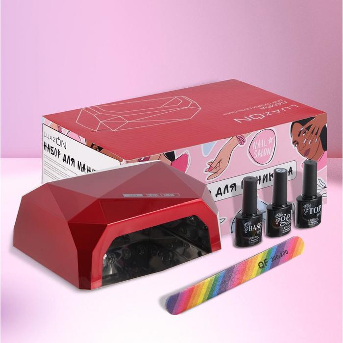 Набор для маникюра Лампа для сушки, гель-лак, база, топ, пилка, красный
Набор для маникюра Лампа для сушки, гель-лак, база, топ, пилка, красный
