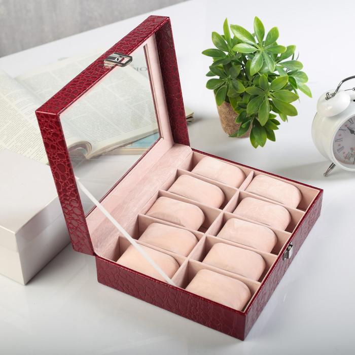 фото Шкатулка под часы 10 отделений "рептилия" красная лак 25,7х11х7,5 см