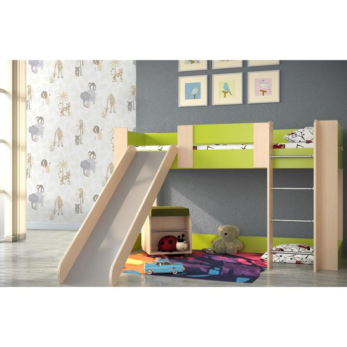 Кровать одноярусная №6 1870х710 с горкой и игровой зоной, дуб молочный/лайм
Кровать одноярусная №6 1870х710 с горкой и игровой зоной, дуб молочный/лайм