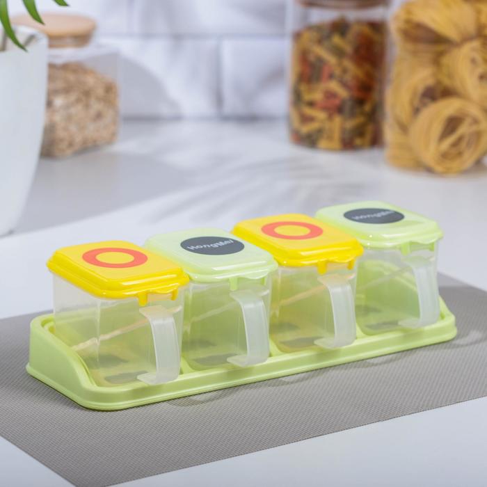 фото Набор банок для сыпучих «сочный луг», 30×10×11 см, 4 шт по 100 мл, с ложками, на подставке