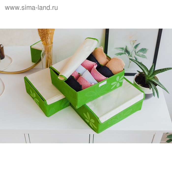 фото Набор органайзеров для белья с крышкой «листочки», 32×24×12 см, 3 шт, цвет зелёный