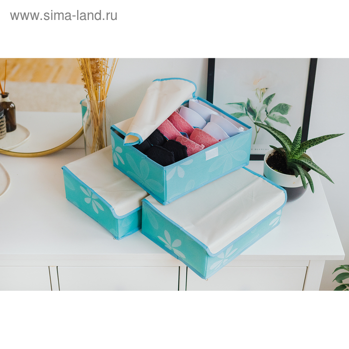 фото Набор органайзеров для белья с крышкой «цветы», 32×24×12 см, 3 шт, цвет голубой