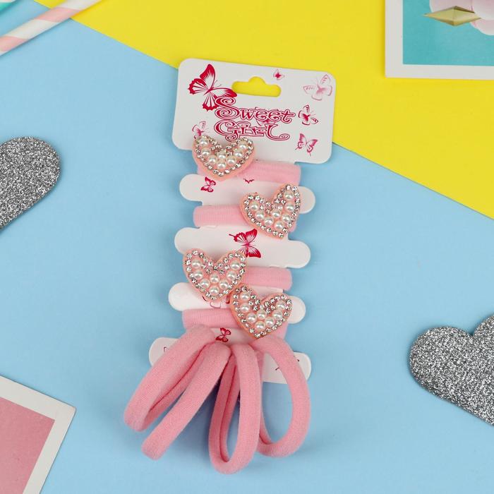 фото Резинка для волос "розовый перелив" (набор 8 шт) сердечки стразы