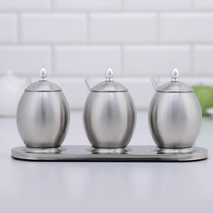 Набор сахарниц из нержавеющей стали «Эгги», 3 шт, 19×14 см, на подставке, с ложками
Набор сахарниц из нержавеющей стали «Эгги», 3 шт, 19×14 см, на подставке, с ложками