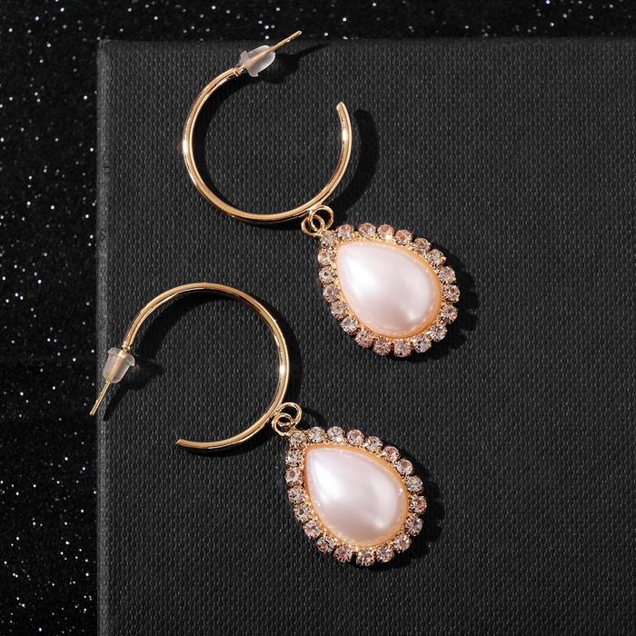 Серьги с жемчугом "Карелия" капля в стразах, цвет белый в золоте, d=2,5