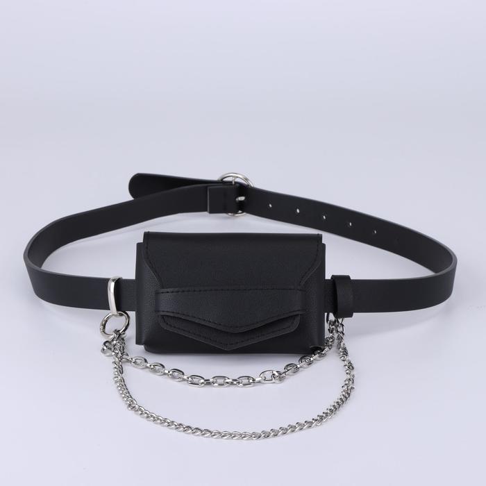 фото Сумка поясная, отдел на клапане, 2 цепочки, цвет чёрный