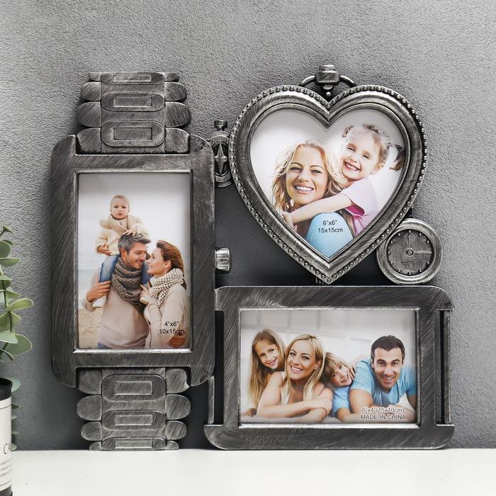 Фоторамка пластик на 3 фото 10х15, 13х13 см "Часы и сердце" серебро 29,5х31 см
Фоторамка пластик на 3 фото 10х15, 13х13 см "Часы и сердце" серебро 29,5х31 см