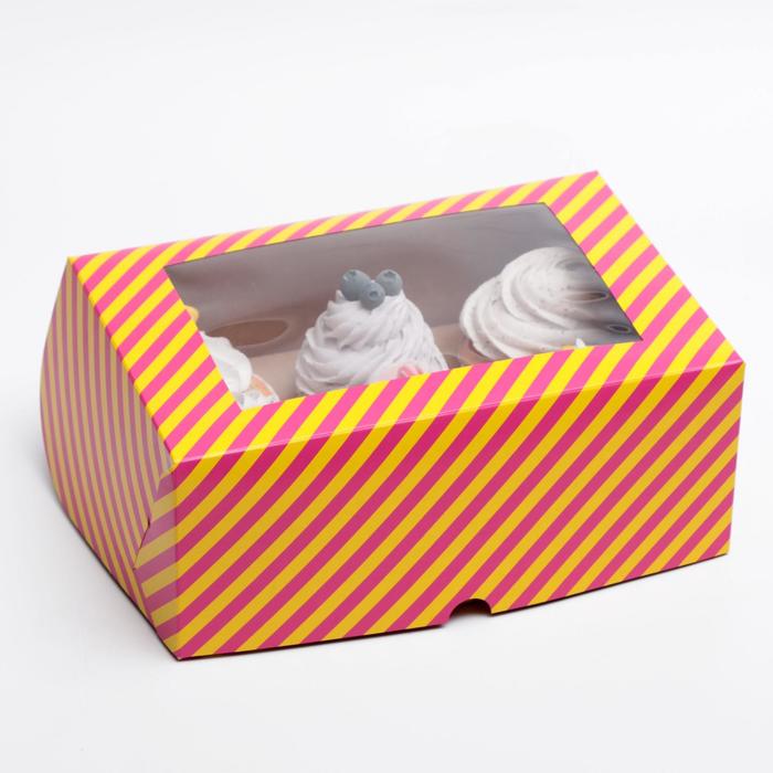 Упаковка на 6 капкейков с окном "Полоски", розовые с желтыми, 25 х 17 х 10 см 
Упаковка на 6 капкейков с окном "Полоски", розовые с желтыми, 25 х 17 х 10 см