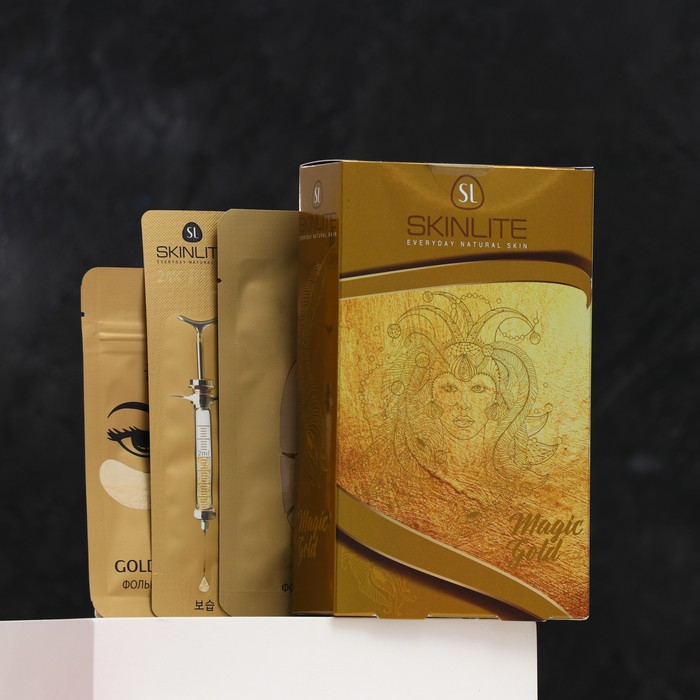 Набор Skinlite Magic Gold: фольгированные патчи, фольгированная маска для лица, сыворотка
Набор Skinlite Magic Gold: фольгированные патчи, фольгированная маска для лица, сыворотка