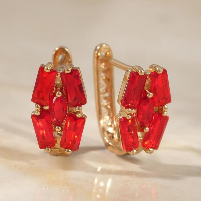Серьги со стразами "Циркония" огонь, цвет красный в золоте