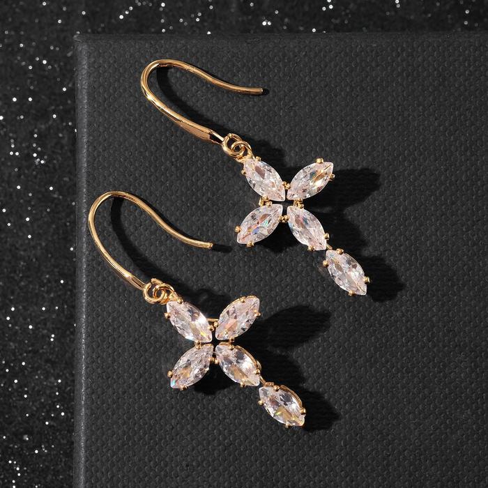 Серьги со стразами "Крестики" лепесточки, цвет белый в золоте