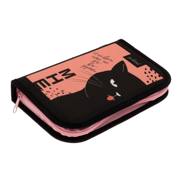фото Пенал 1 секция, 130 х 210 х 40 мм, 2 откидные планки, тканевый, calligrata, content "кот", чёрный