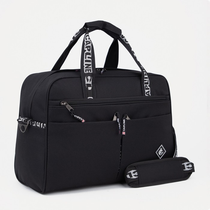 Сумка дорожная на молнии, 6 наружных карманов, длинный ремень, косметичка, цвет чёрный
Сумка дорожная на молнии, 6 наружных карманов, длинный ремень, косметичка, цвет чёрный