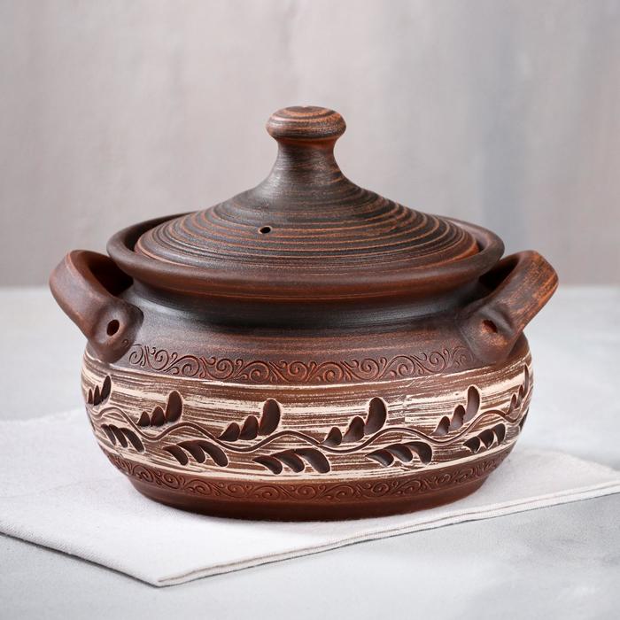 Жаровня с ручками, резка, роспись ангобом, красная глина, 2 л
Жаровня с ручками, резка, роспись ангобом, красная глина, 2 л