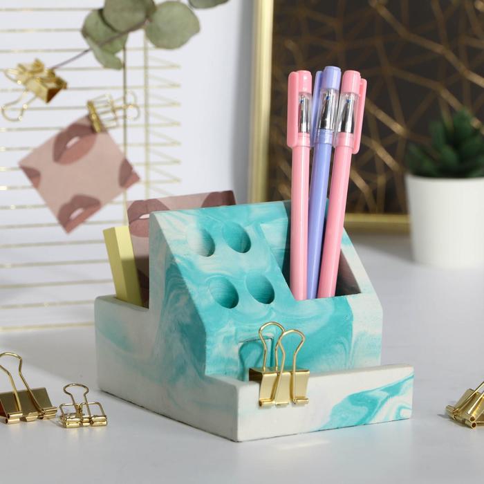 фото Органайзер для канцтоваров бетон «бирюзовый мрамор», 13,6 х 9,8 х 9,6 см
