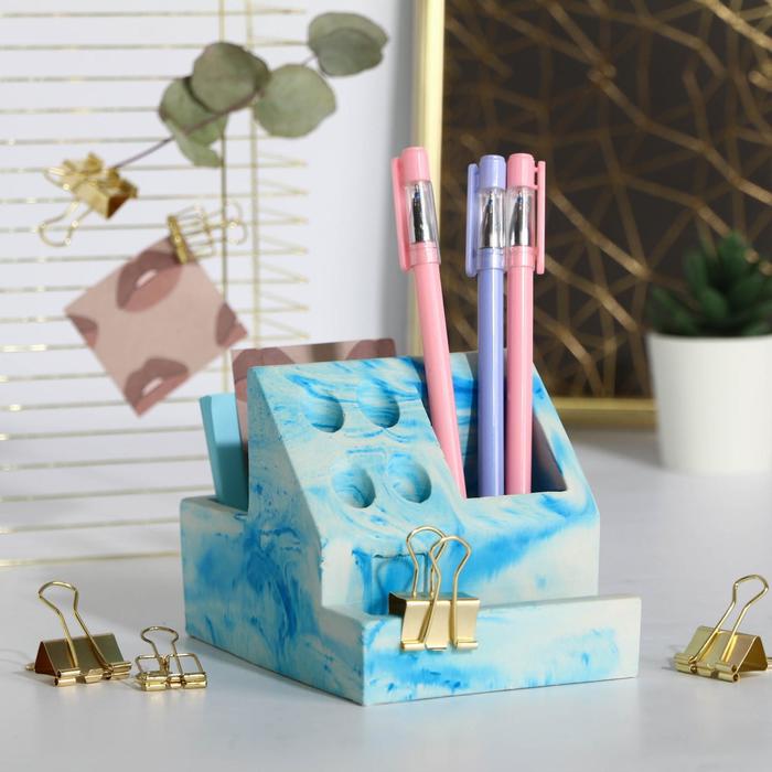 фото Органайзер для канцтоваров бетон «голубой мрамор», 13,6 х 9,8 х 9,6 см