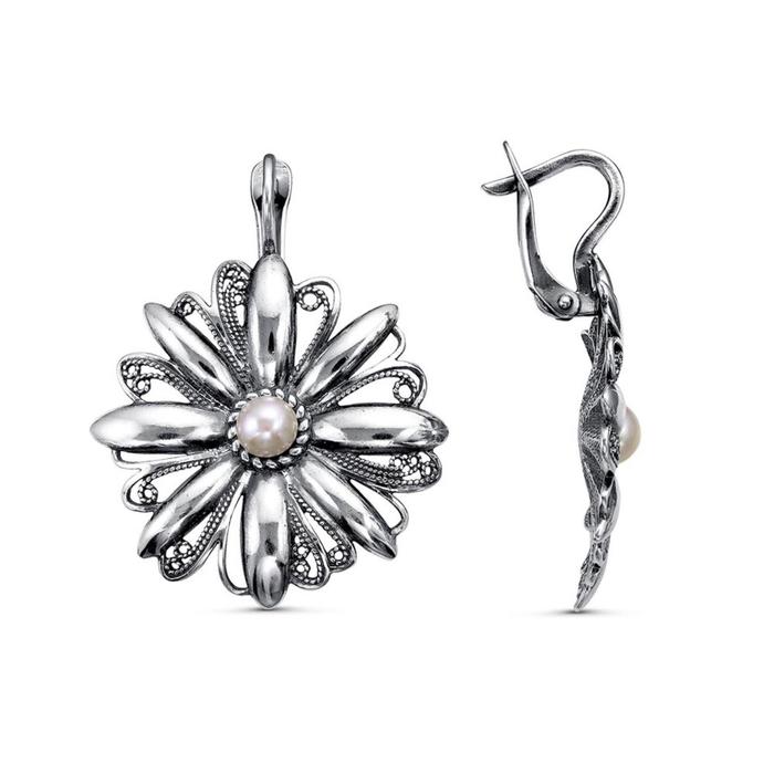 Серьги "Цветок" жемчужинка, посеребрение с оксидированием 
Серьги "Цветок" жемчужинка, посеребрение с оксидированием