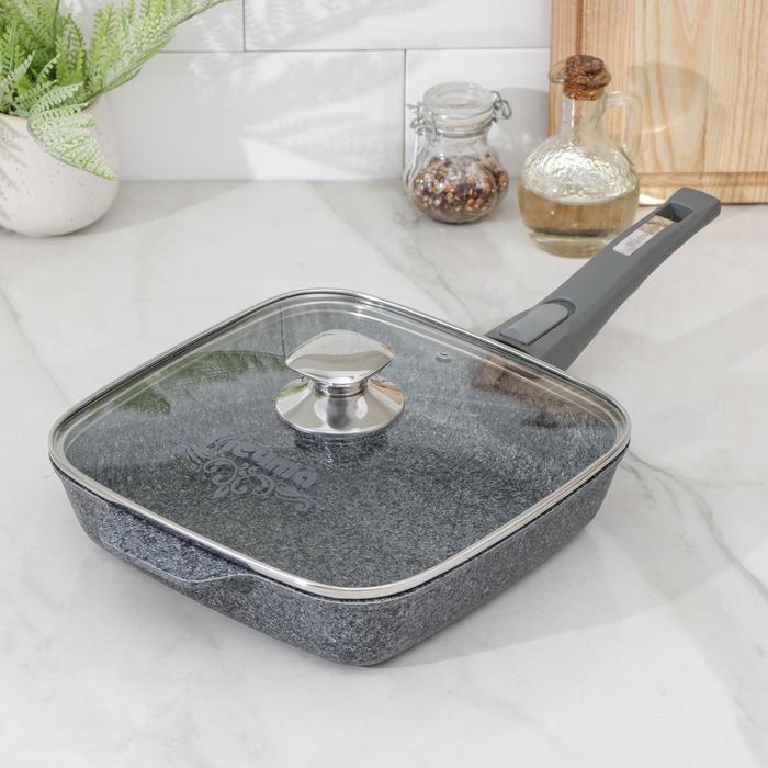 Сковорода квадратная Premium, 24×24 см, стеклянная крышка, съёмная ручка, антипригарное покрытие, цвет серый 
Сковорода квадратная Premium, 24×24 см, стеклянная крышка, съёмная ручка, антипригарное покрытие, цвет серый