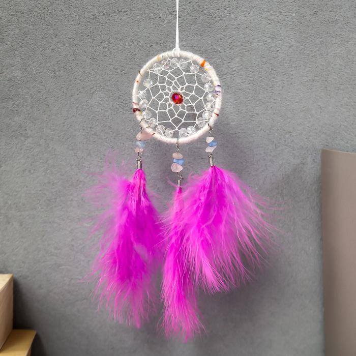 Ловец снов "Паутинка с рубином" розовые пёрышки 20х7 см