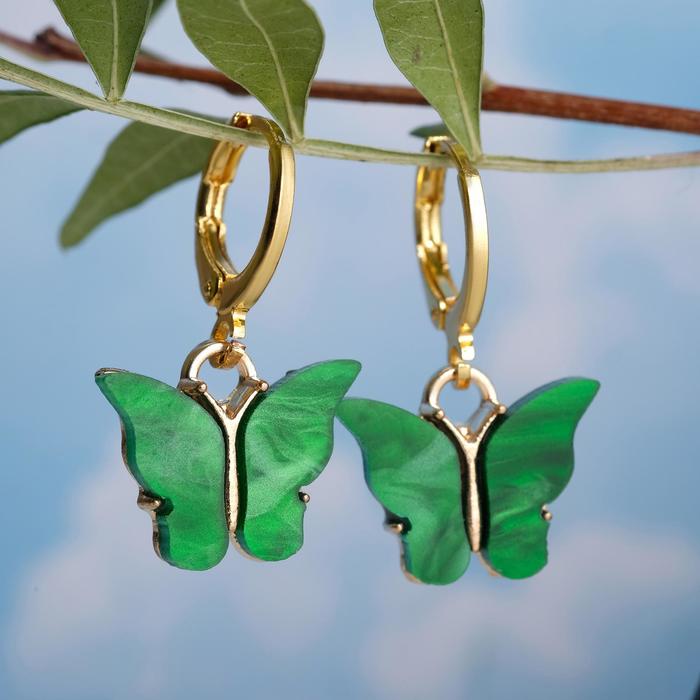 Серьги ассорти "Бабочки" объёмные, цвет зелёный в золоте