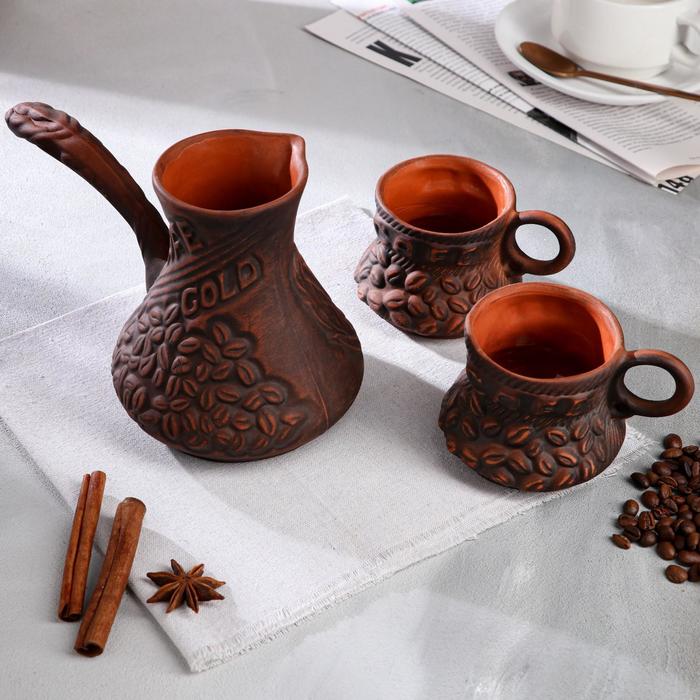 Кофейный набор, 3 предмета: турка 0.5 л, чашки 0.2 л, декор, красная глина
Кофейный набор, 3 предмета: турка 0.5 л, чашки 0.2 л, декор, красная глина