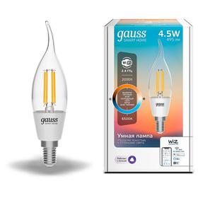 Лампа светодиодная филаментная Gauss Smart Home DIM+CCT, CF35, Е14, 4.5 Вт, 2000-6500К
Лампа светодиодная филаментная Gauss Smart Home DIM+CCT, CF35, Е14, 4.5 Вт, 2000-6500К