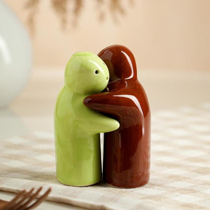 Набор для специй "Обнимашки", 2 предмета, салатно-коричневый, керамика, 10 см, микс