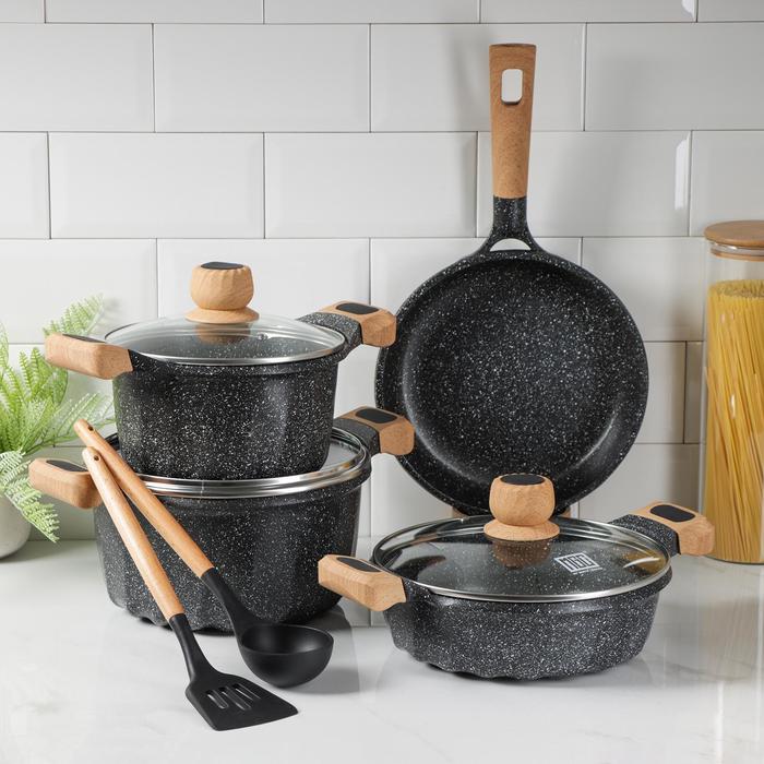 Набор посуды, 6 предметов: кастрюли d=20 см, d=24 см, сотейник d=24 см, сковорода d=24 см, лопатка, ложка, цвет чёрный
Набор посуды, 6 предметов: кастрюли d=20 см, d=24 см, сотейник d=24 см, сковорода d=24 см, лопатка, ложка, цвет чёрный