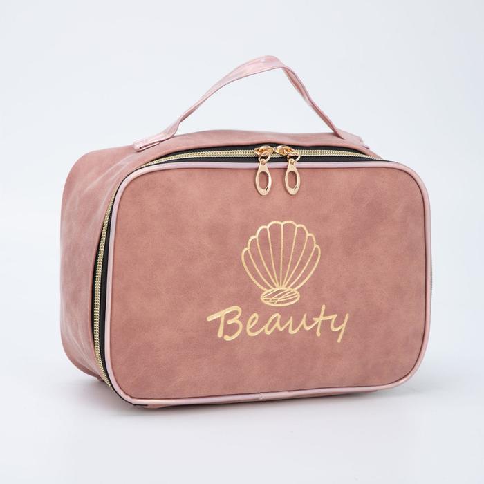 фото Косметичка-сундучок, отдел на молнии, с ручкой, цвет пудра