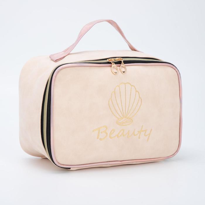 фото Косметичка-сундучок, отдел на молнии, с ручкой, цвет бежевый
