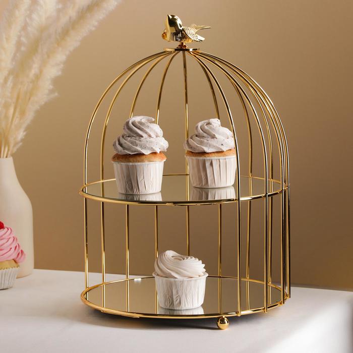 фото Подставка для десертов «клетка», 26×26×36 см, цвет металла золотой