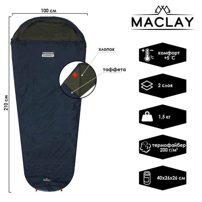 Спальник 2-слойный, кокон 210 x 100 см, trekking summer, таффета/хлопок, +5°C
Спальник 2-слойный, кокон 210 x 100 см, trekking summer, таффета/хлопок, +5°C