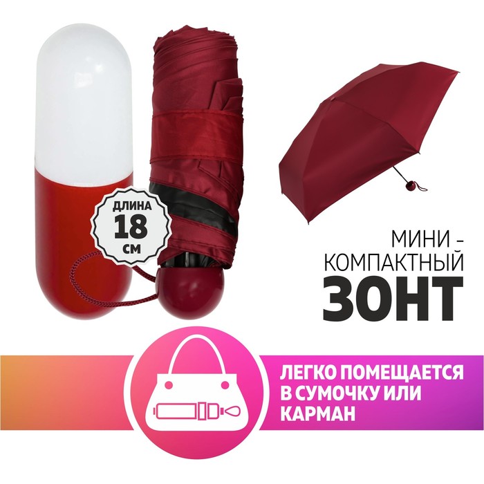 Зонт механический «Пилюля», ветроустойчивый, мини, 5 сложений, 6 спиц, R = 45 см, цвет МИКС 
Зонт механический «Пилюля», ветроустойчивый, мини, 5 сложений, 6 спиц, R = 45 см, цвет МИКС