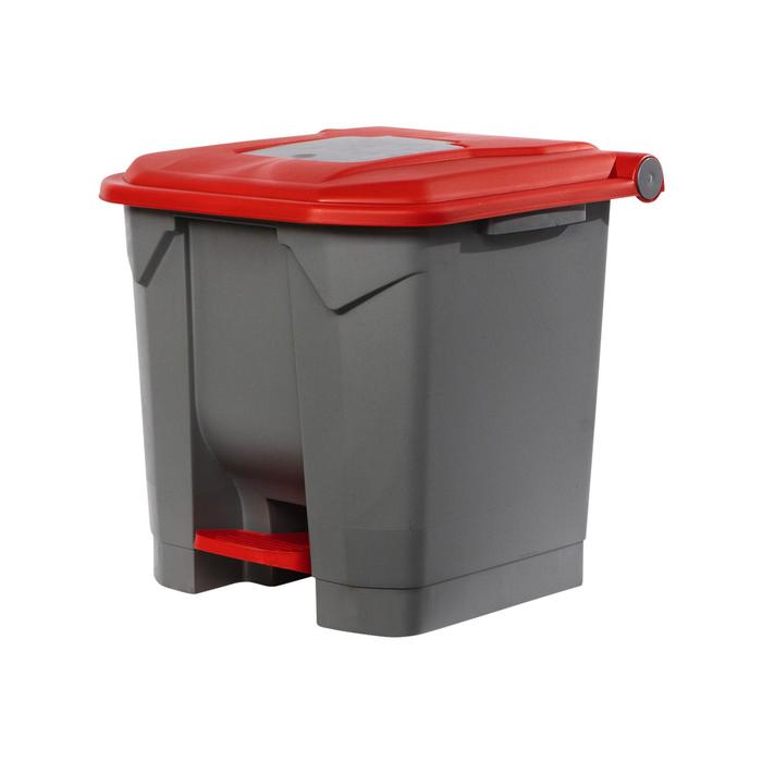 Контейнер мусорный 30л 350х380х460 серый с красной крышкой и педалью 
Контейнер мусорный 30л 350х380х460 серый с красной крышкой и педалью