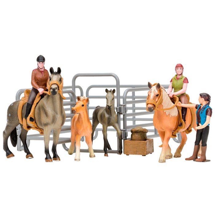 фото Набор фигурок, 14 предметов: 4 лошади, 3 человека, ограждение-загон, инвентарь masai mara