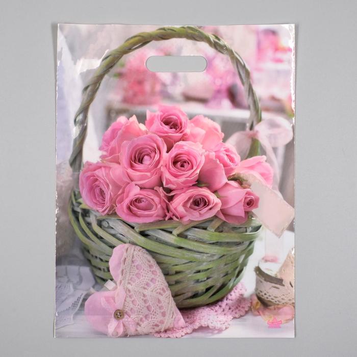 фото Набор пакетов "корзина роз", полиэтиленовый с вырубной ручкой, 31х40 см, 60 мкм