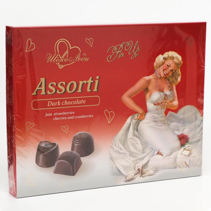 Конфеты Pin Up из тёмного шоколада с начинкой: вишнёвое варенье, клюква, клубника, 195 г 
Конфеты Pin Up из тёмного шоколада с начинкой: вишнёвое варенье, клюква, клубника, 195 г