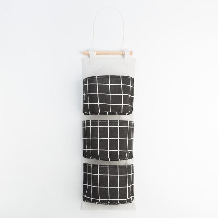 фото Органайзер подвесной с карманами доляна «клетка», 3 отделения, 57×19 см, цвет чёрный