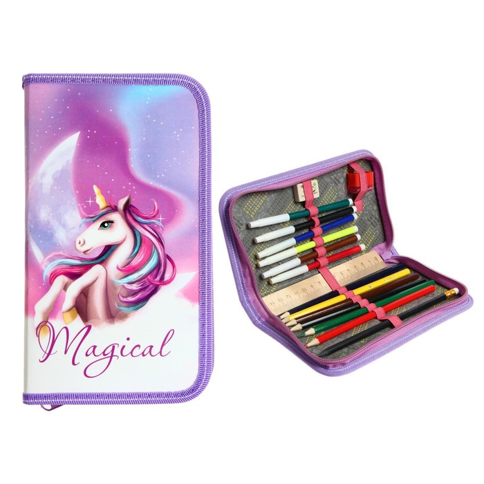 фото Пенал 1 секция, 115 х 205 мм, с наполнением 16 предметов, calligrata "магическая единорожка" ламинированный картон, 30п26/set