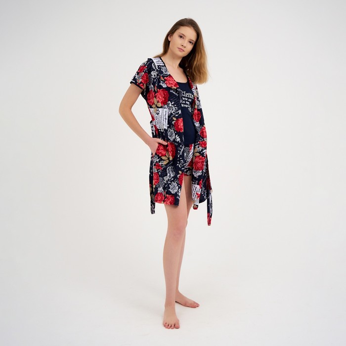 Комплект женский (майка, шорты, халат) цвет тёмно-синий, размер 42
Комплект женский (майка, шорты, халат) цвет тёмно-синий, размер 42