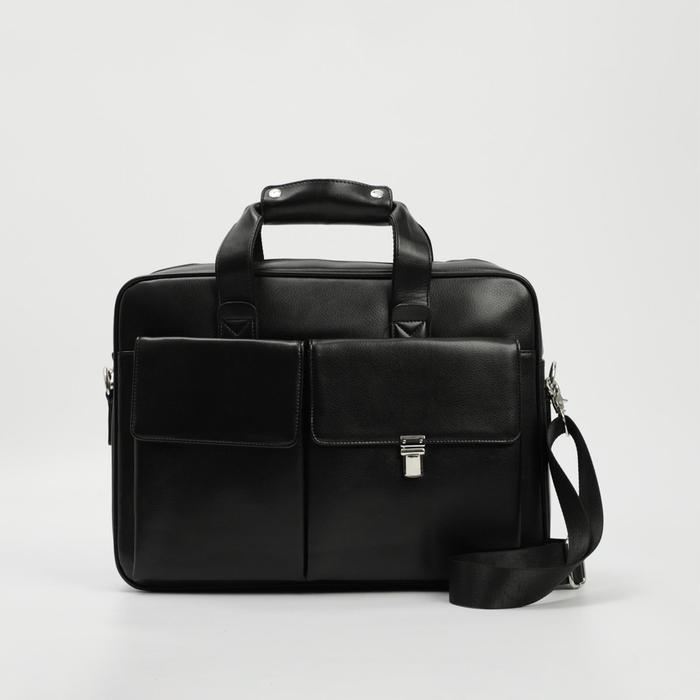 Сумка деловая на молнии, 3 наружных кармана, крепление для чемодана, длинный ремень, цвет чёрный