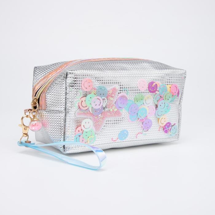 фото Косметичка дорожная, отдел на молнии, с ручкой, цвет серебристый, «смайл»