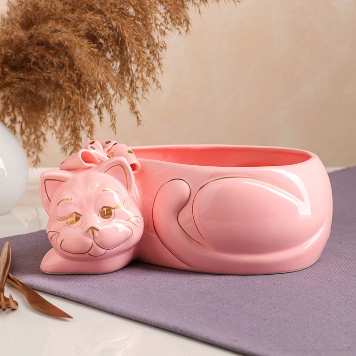 фото Органайзер "котик британский", розовый, золотистая роспись, 24*17*12 см керамика ручной работы