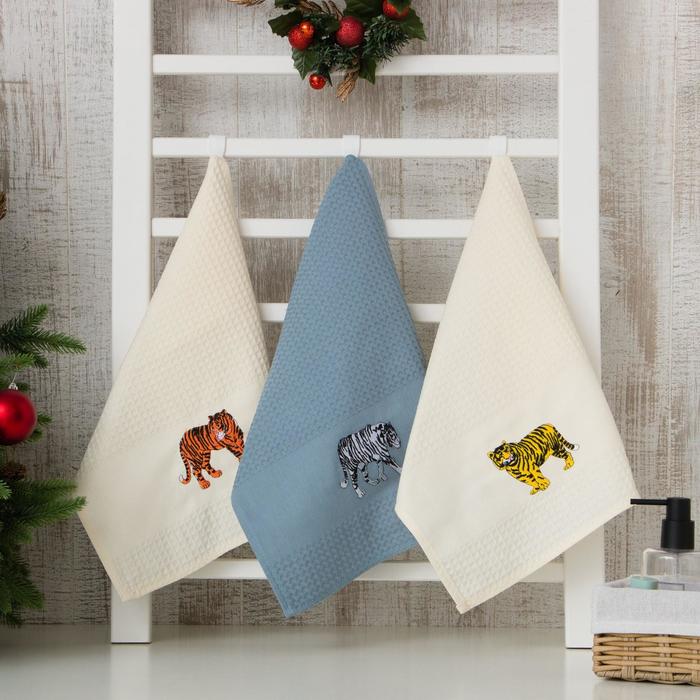 Набор вафельных полотенец Тигры в джунглях 33х60см-3шт, хлопок 100%, 200г/м2